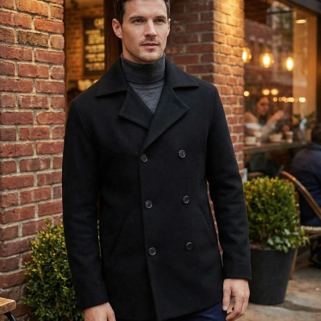 Man wearing a black coat standing outdoors near a brick wall with plants and people in the background.
