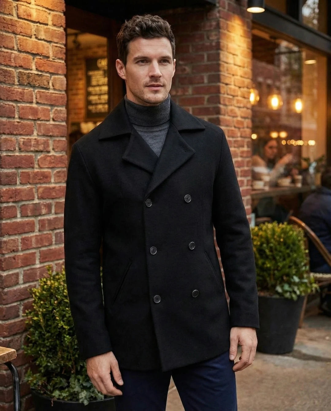 Man wearing a black coat standing outdoors near a brick wall with plants and people in the background.