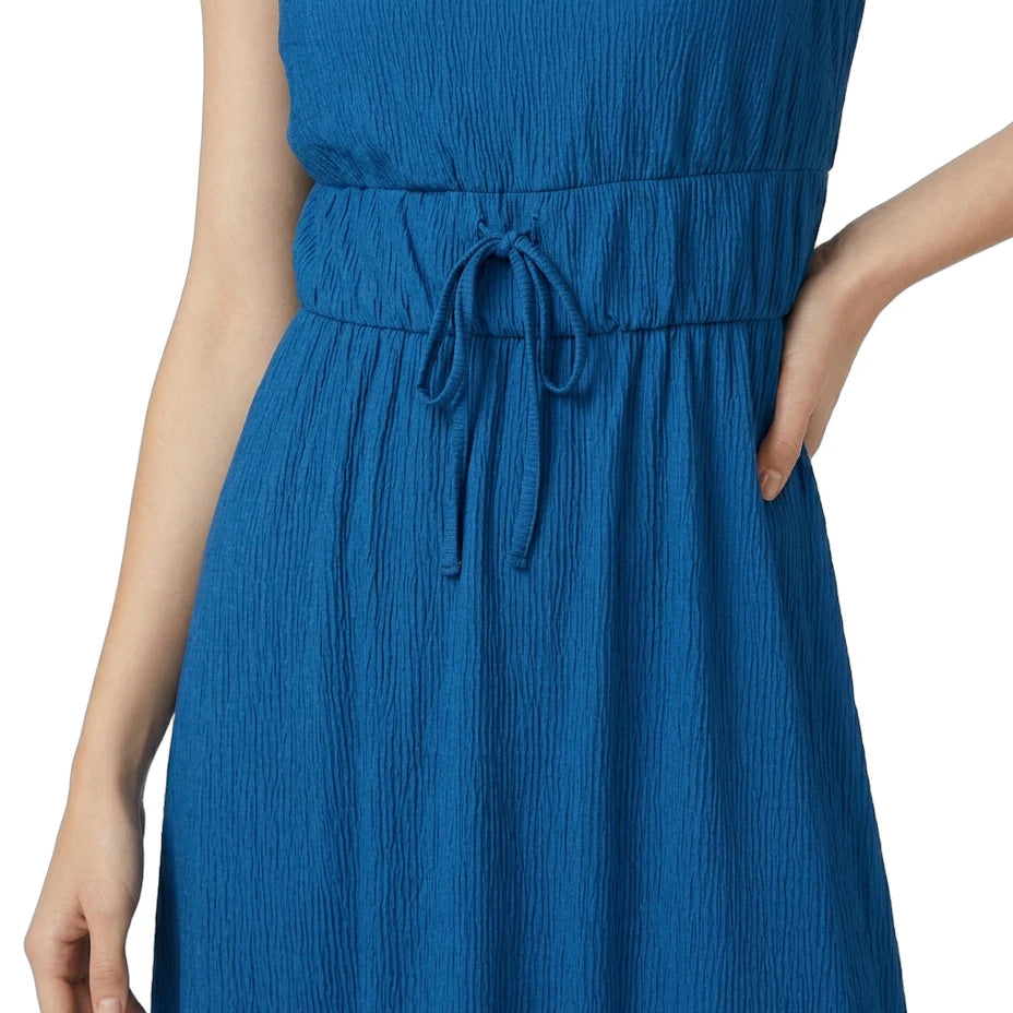 Blue dress with a tie waist on a white background