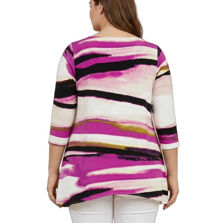 Woman wearing a colorful striped sweater on a white background