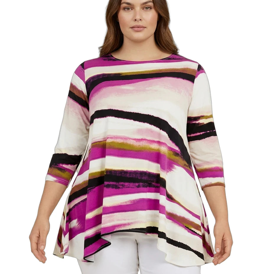 Woman wearing a colorful striped sweater on a white background