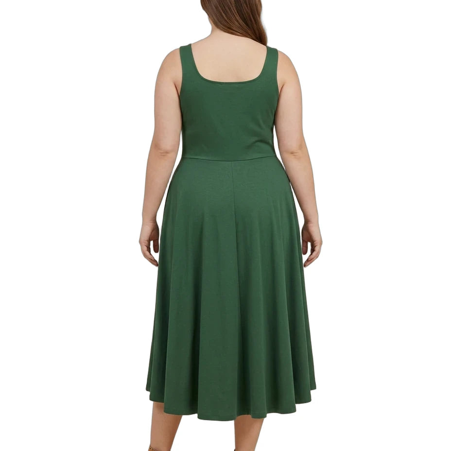 A woman viewed from the back wearing a sleeveless green midi dress with a square neckline and a flared skirt, paired with tan sandals, against a plain white background.
