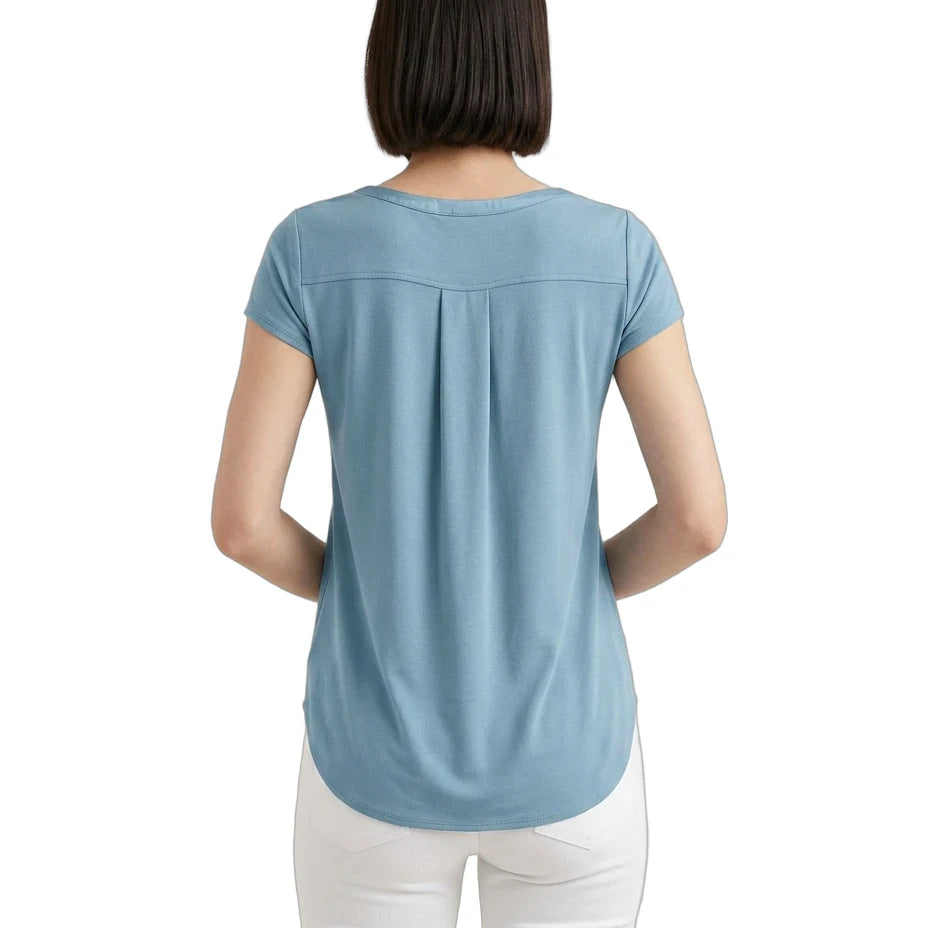 Woman wearing a light blue t-shirt on a white background