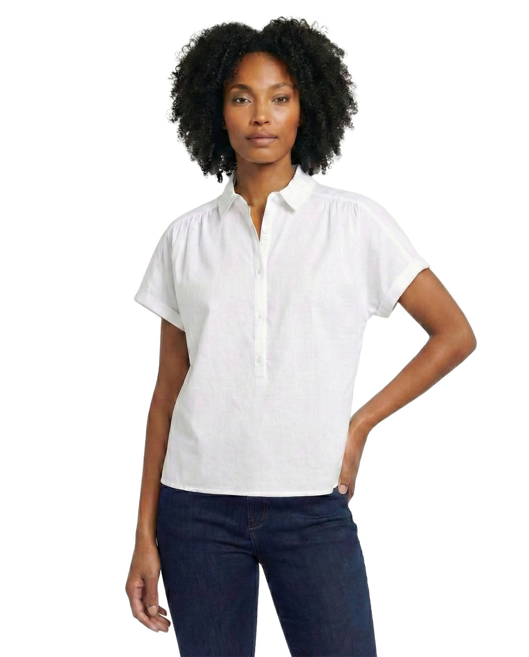 Woman wearing a white short-sleeve blouse on a white background