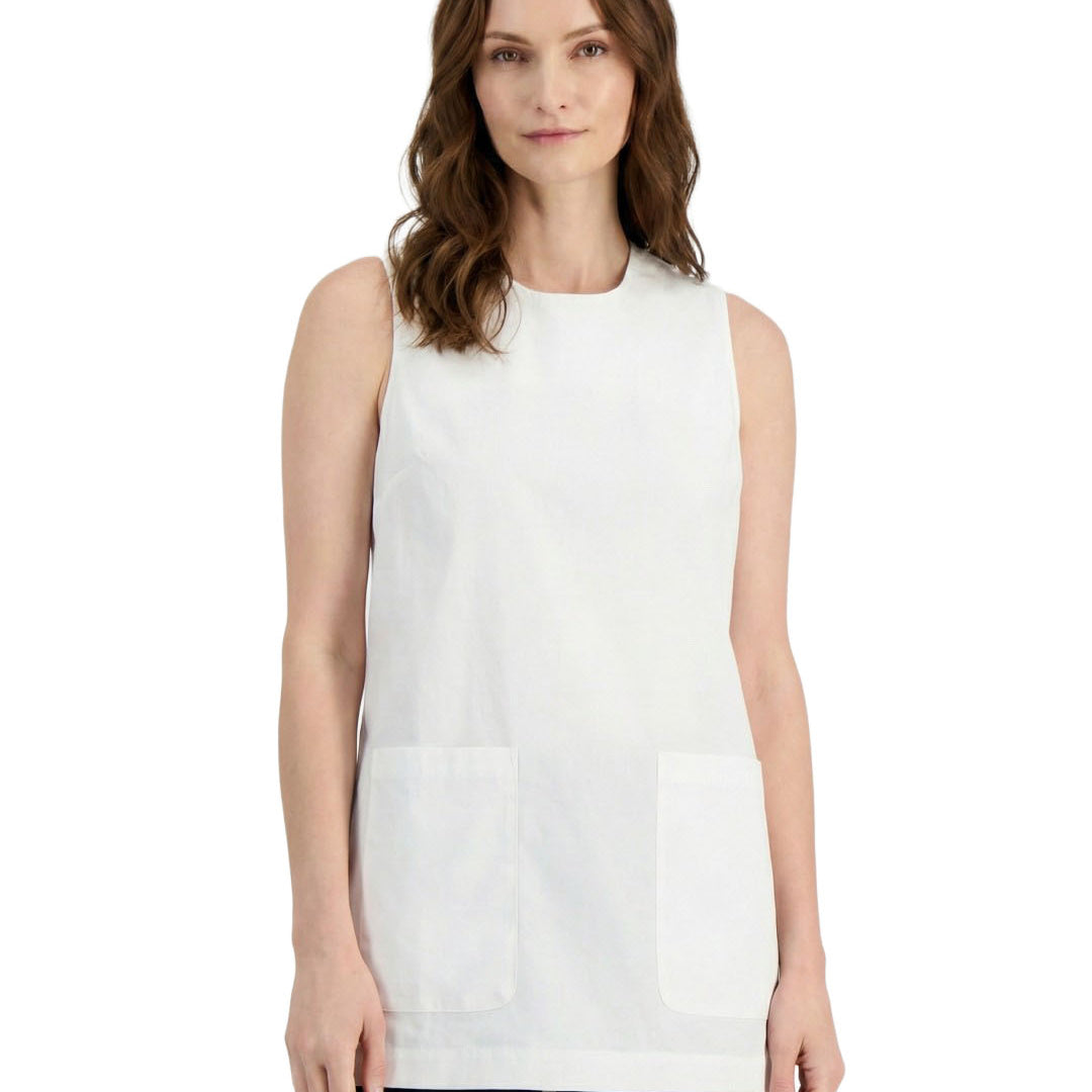 Woman wearing a white sleeveless top on a white background