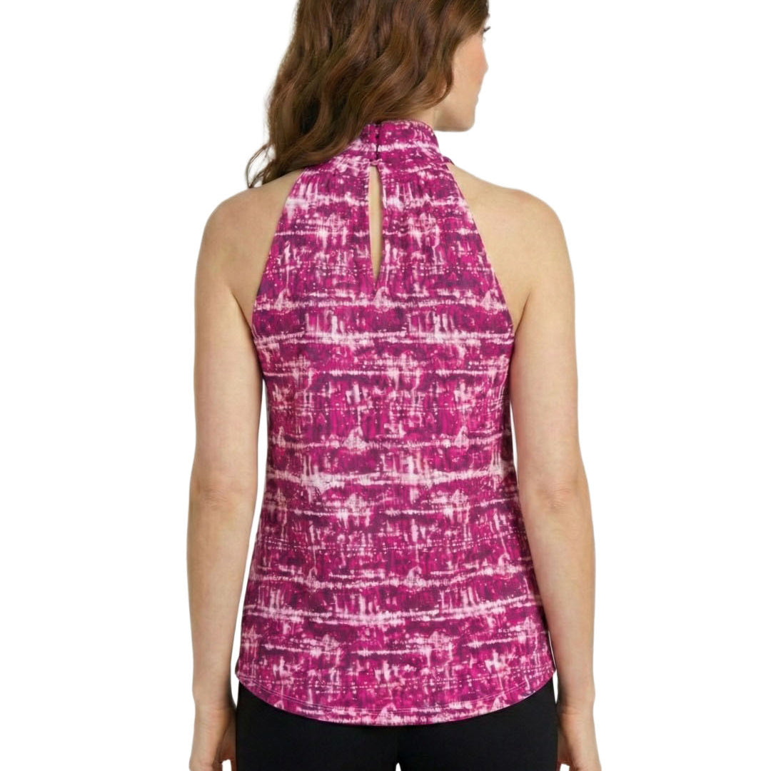 Woman wearing a pink patterned sleeveless top on a white background