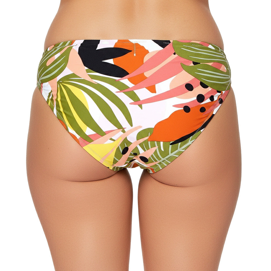 Colorful leaf-patterned bikini bottom on a white background