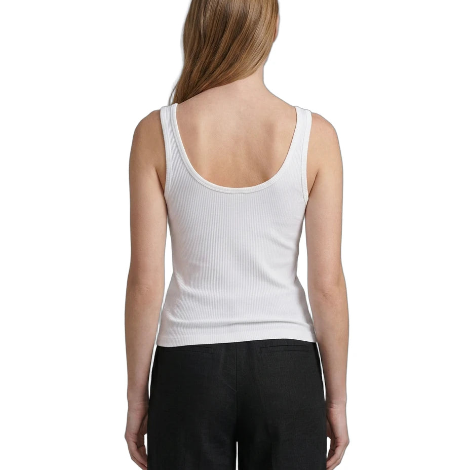 Person wearing a white Calvin Klein tank top and black pants on a white background