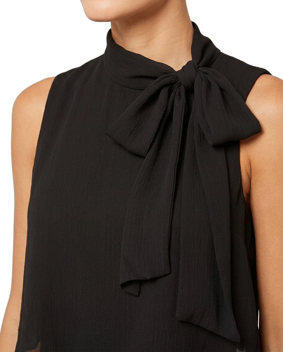Black sleeveless top with a large bow detail on a white background