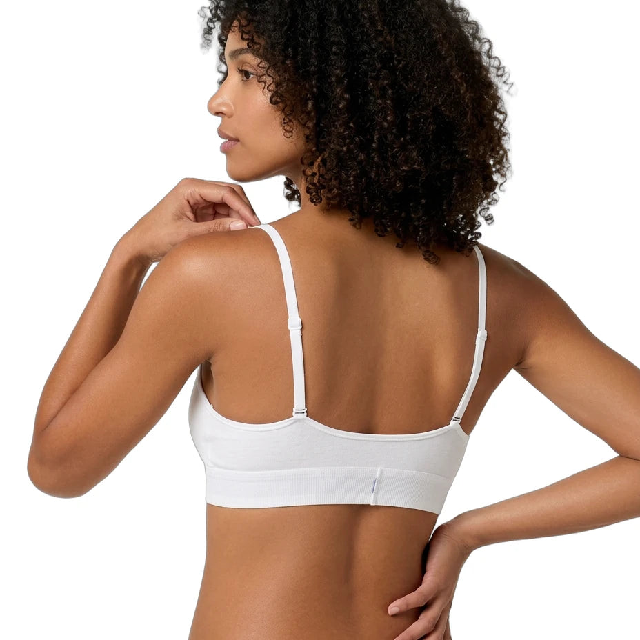 Woman wearing a Calvin Klein bralette on a white background