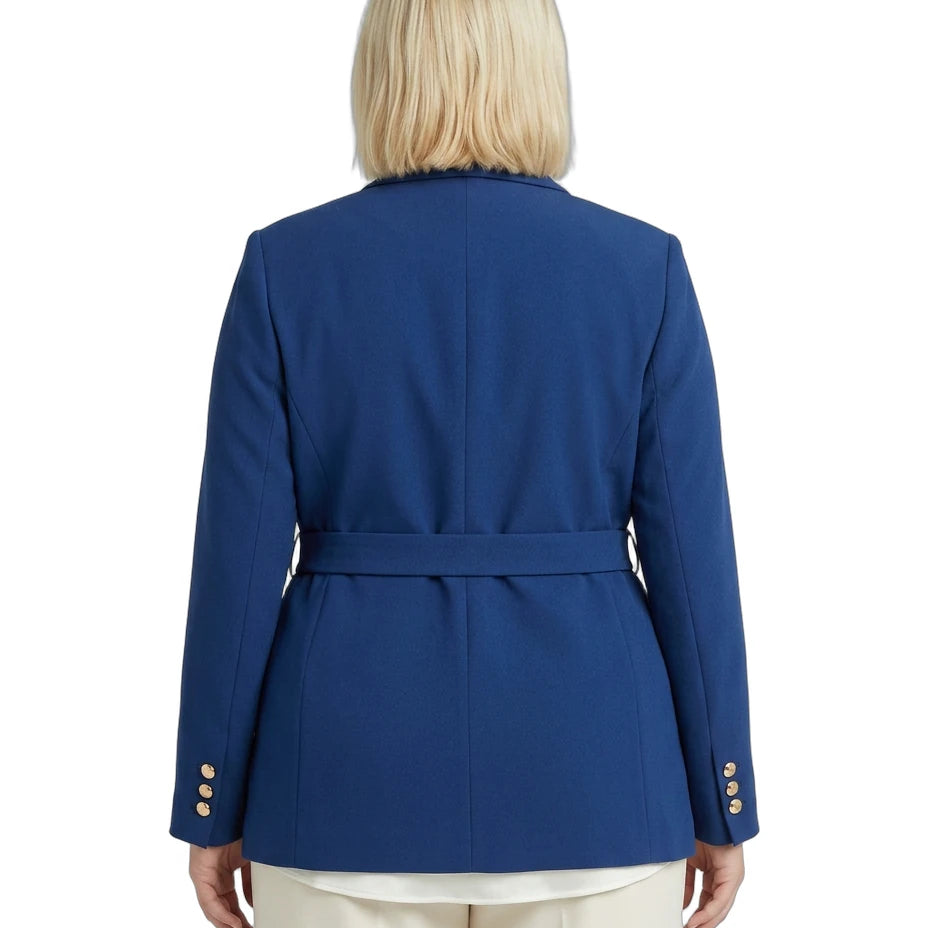 Calvin Klein blue jacket worn by a person on a white background
