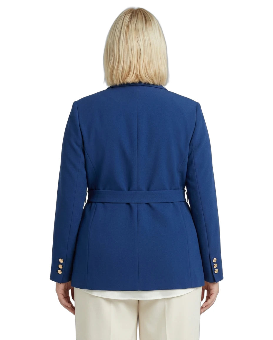 Calvin Klein blue jacket worn by a person on a white background