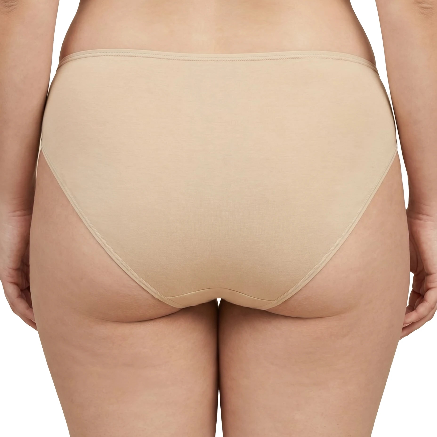 Beige underwear worn by a person on a white background
