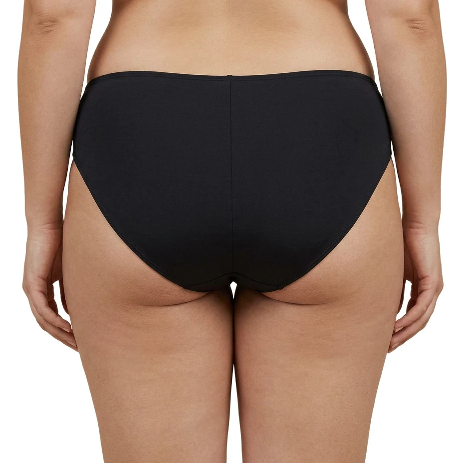 Black high-waisted bikini bottom on a white background