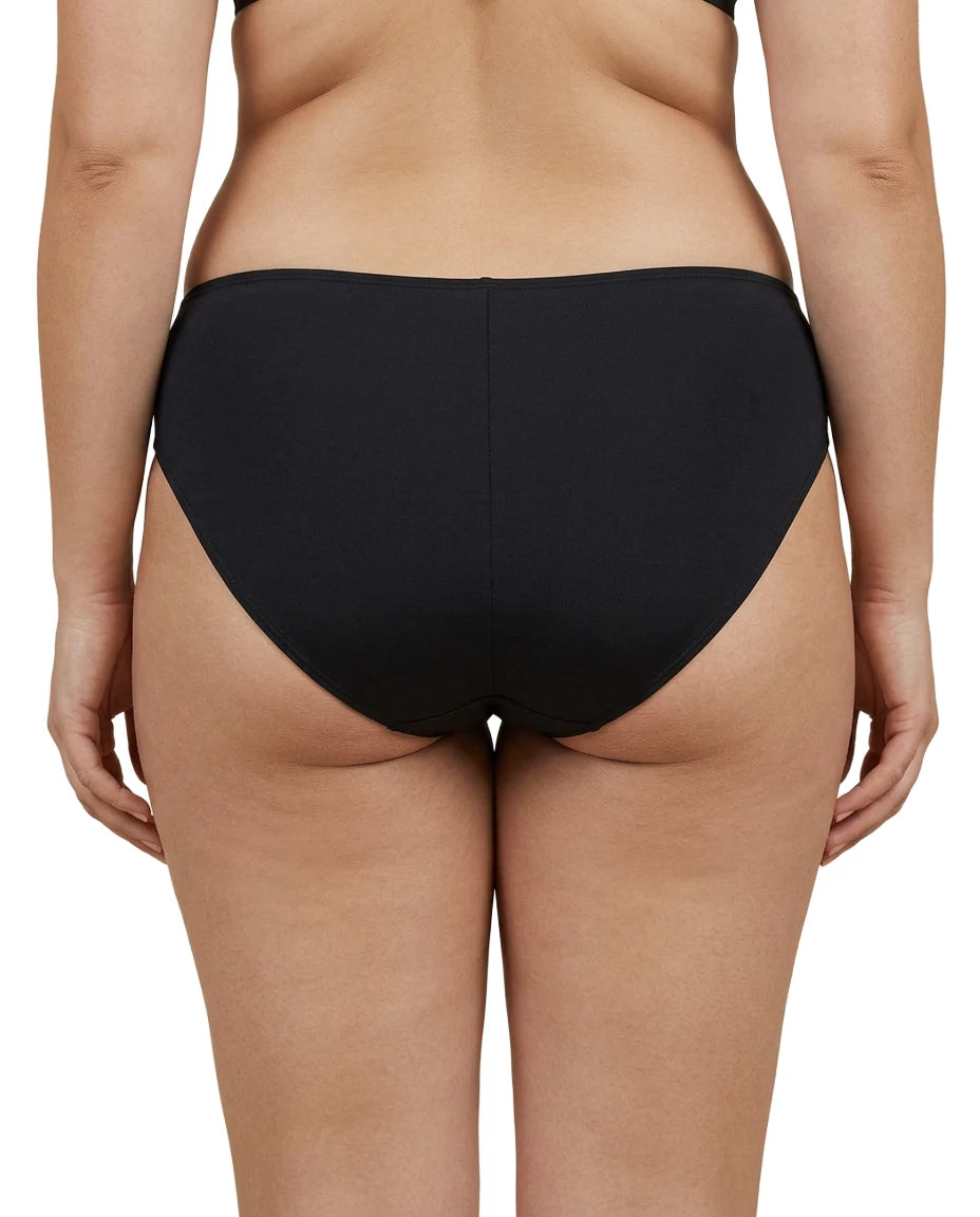 Black high-waisted bikini bottom on a white background