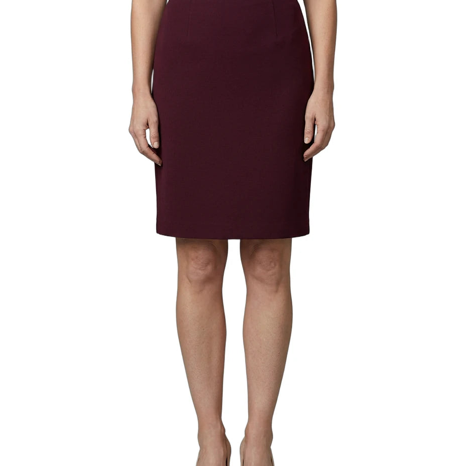 Calvin Klein maroon pencil skirt worn by a person on a white background