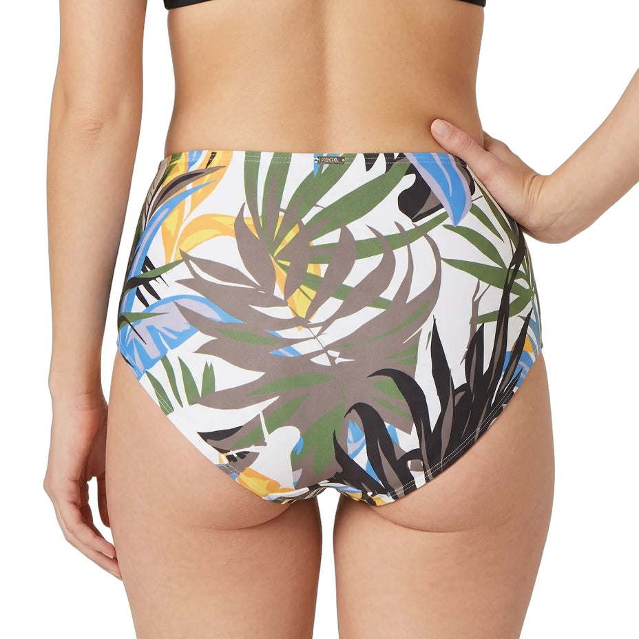 Tropical leaf patterned high-waisted Calvin Klein bikini bottom on a white background