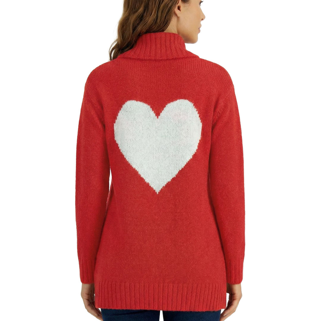 Red sweater with a white heart design on the back, worn by a person.