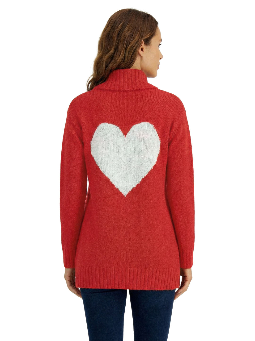 Red sweater with a white heart design on the back, worn by a person.