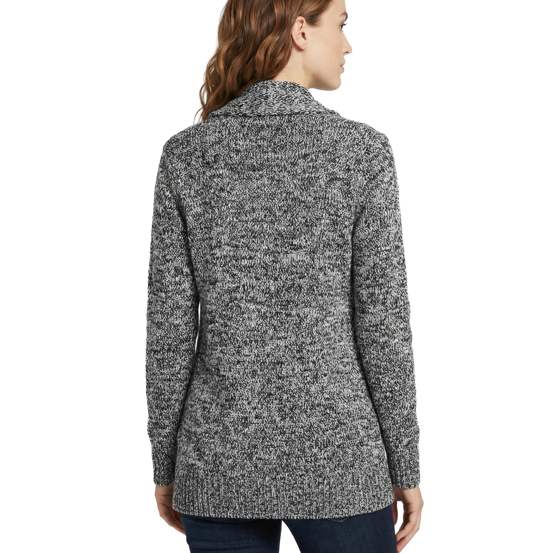 Woman wearing a gray marled cardigan on a white background