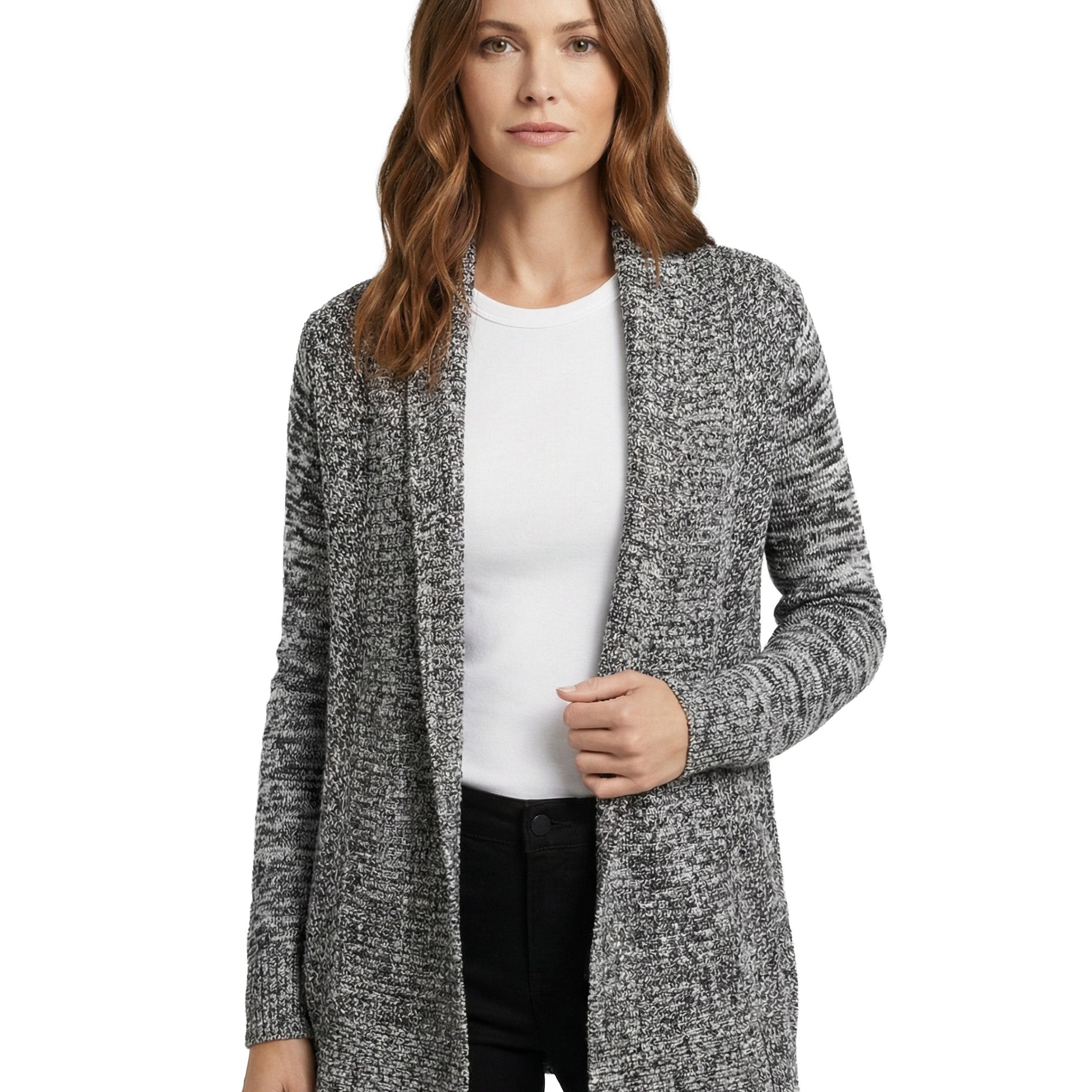 Woman wearing a gray cardigan over a white shirt on a white background