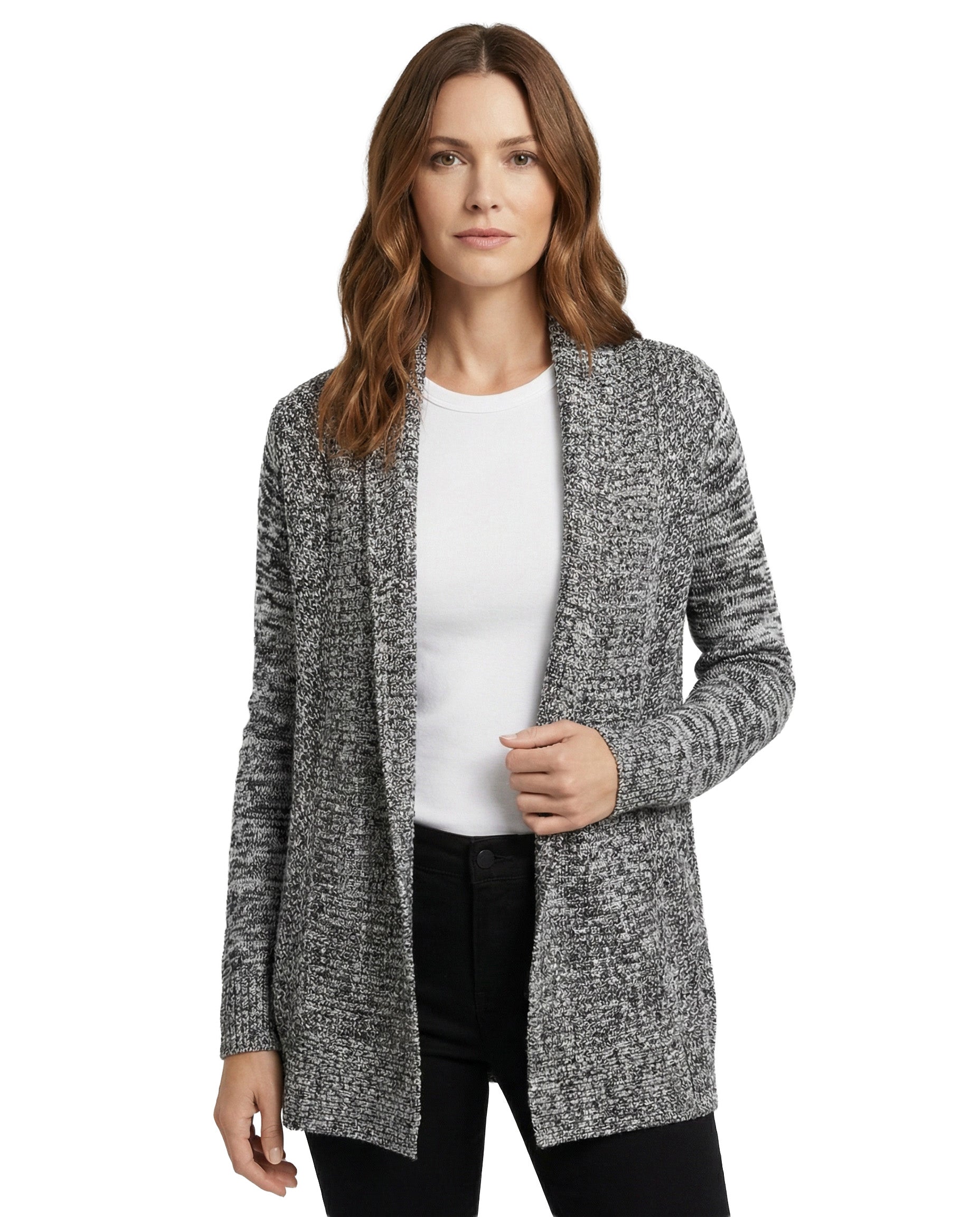 Woman wearing a gray cardigan over a white shirt on a white background