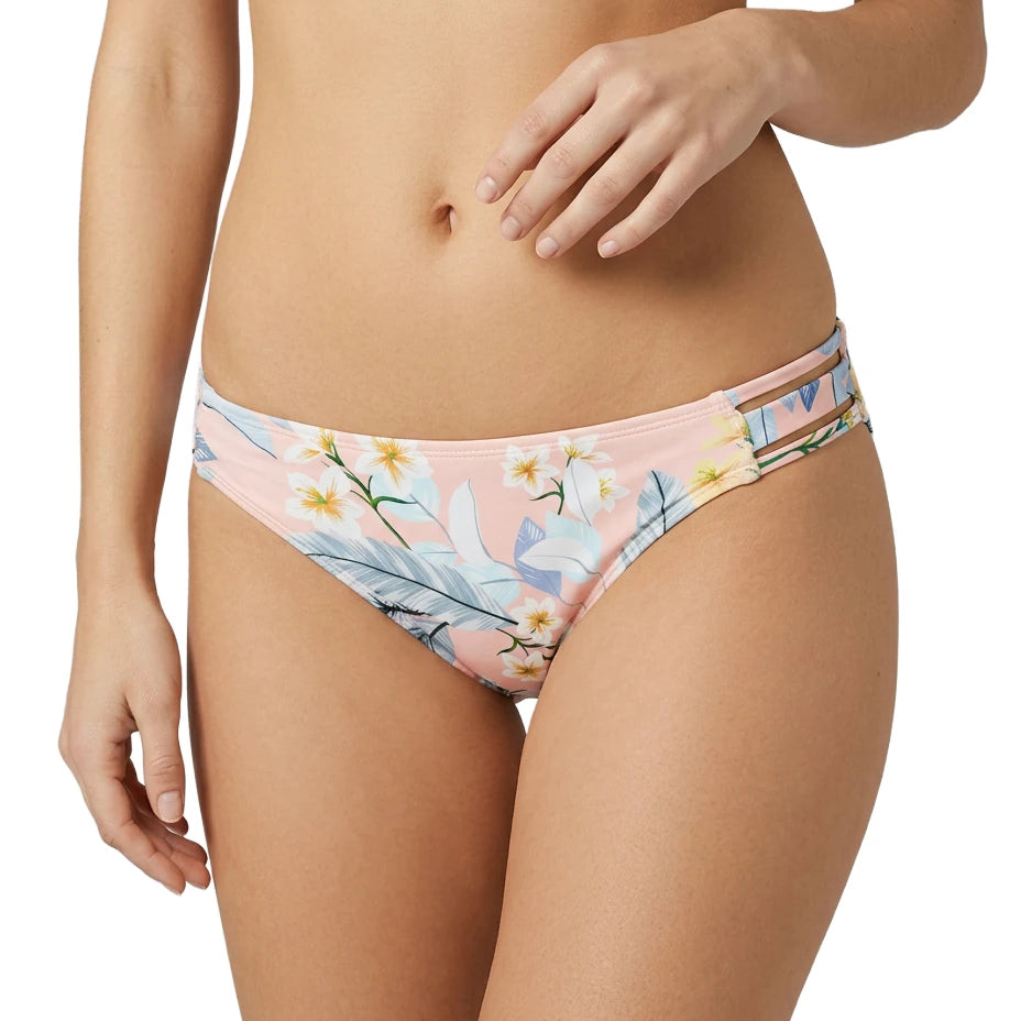 Floral-patterned bikini bottom worn by a person on a white background