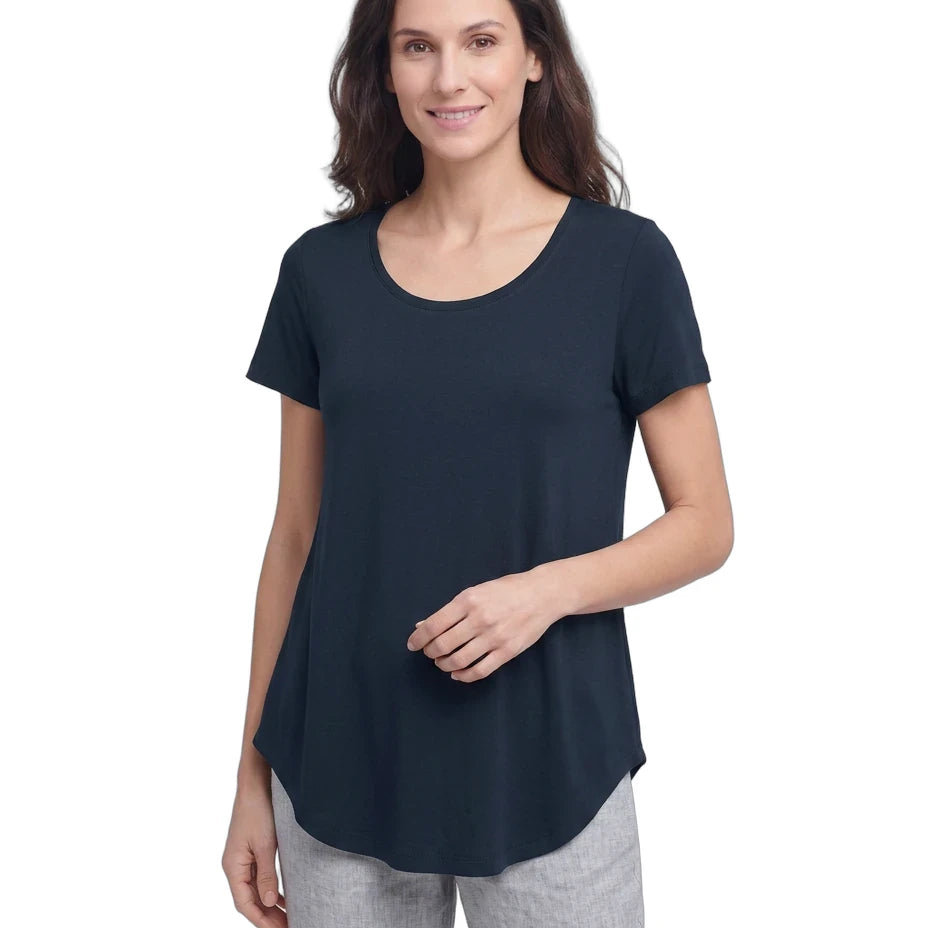 Woman wearing a navy blue t-shirt on a white background