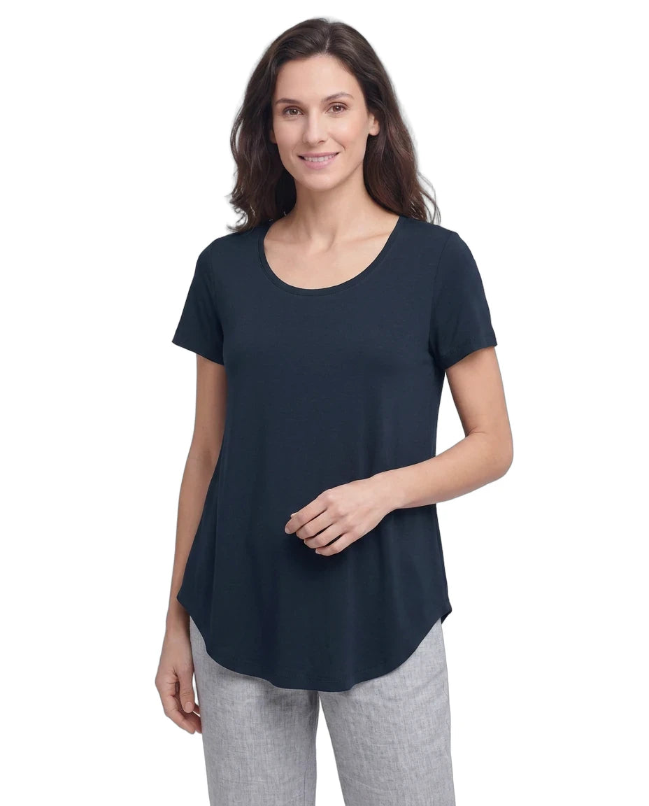 Woman wearing a navy blue t-shirt on a white background
