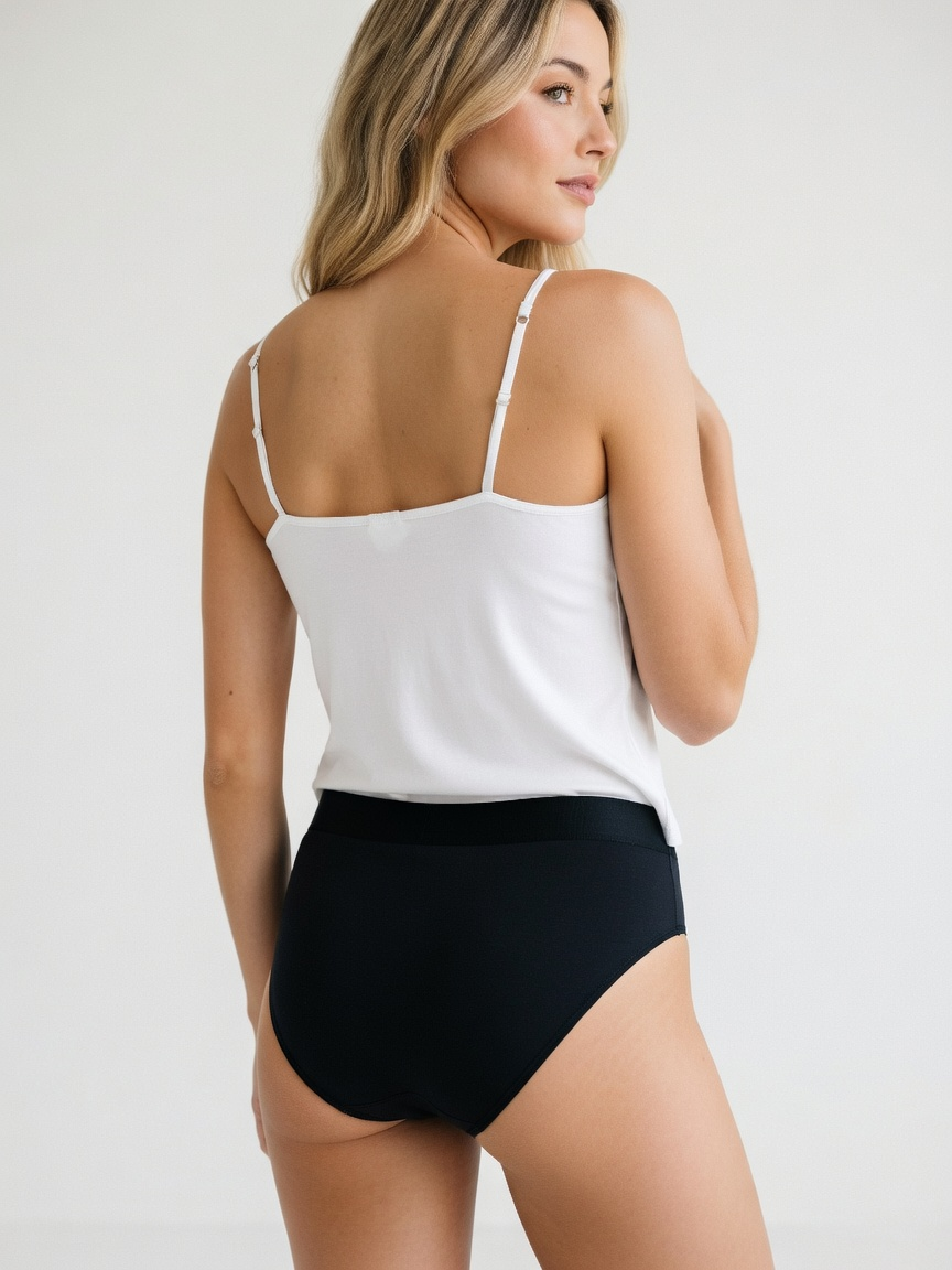 A woman shown from the back wearing a white camisole-style top with thin straps and black high-waisted bottoms against a plain light gray studio background.