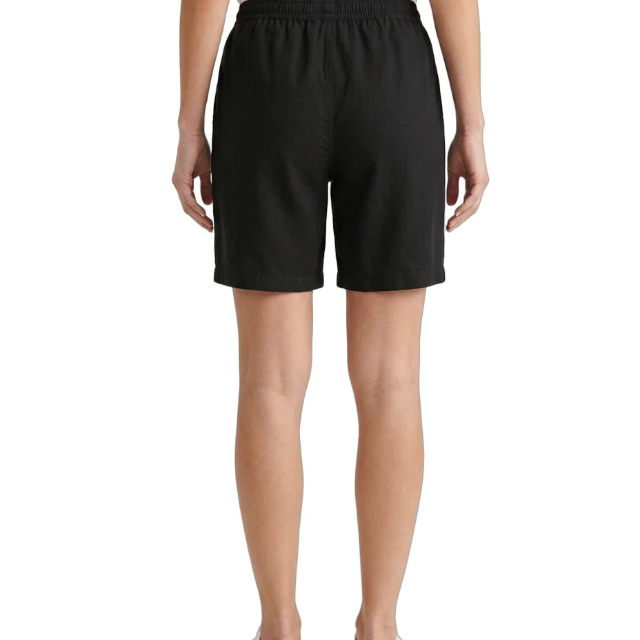 Person wearing black shorts on a white background