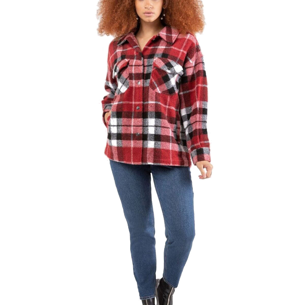 Black Tape Women Plus Plaid Overcoat Red Black Cream Plaid