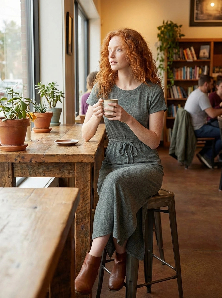 Woman sitting at a wooden table in a cozy cafe, holding a cup.