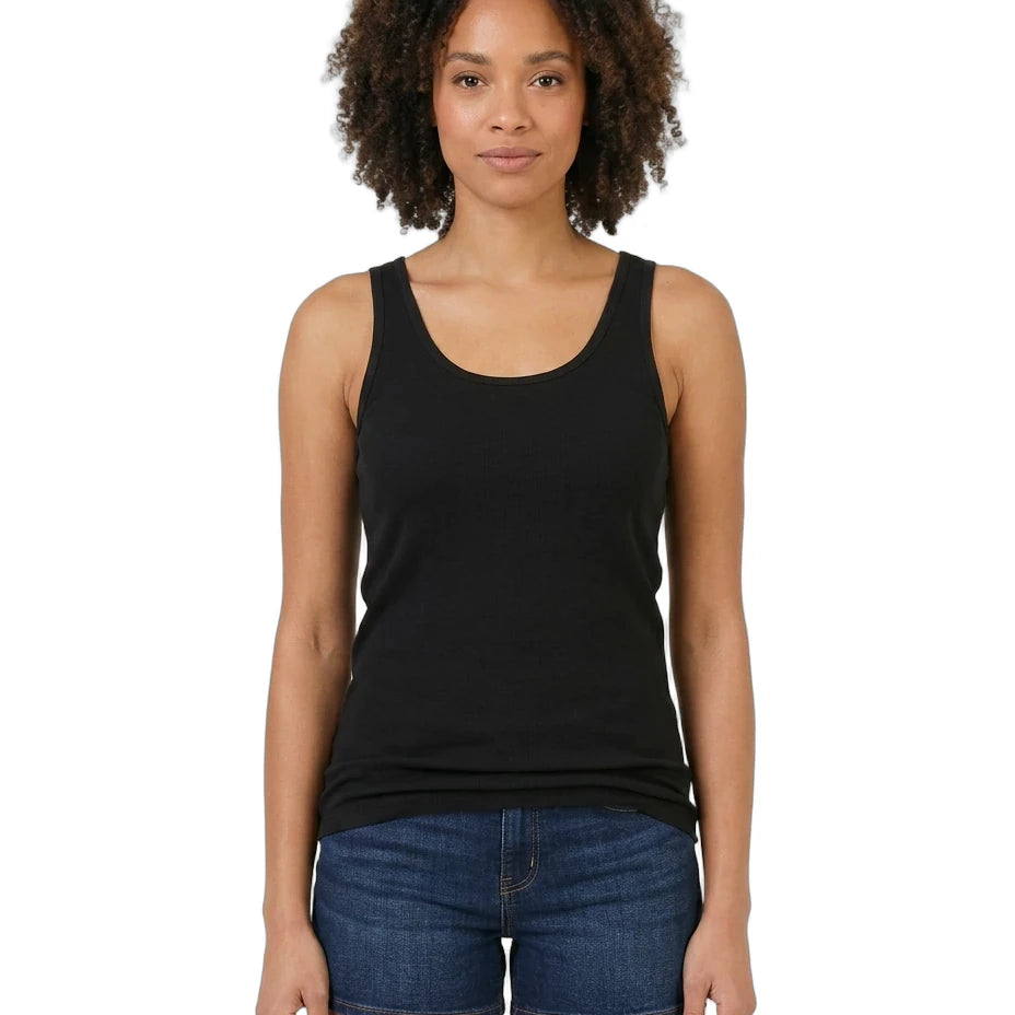 Woman wearing a black tank top and blue shorts on a white background