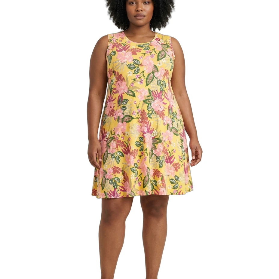 Woman wearing a floral dress on a white background