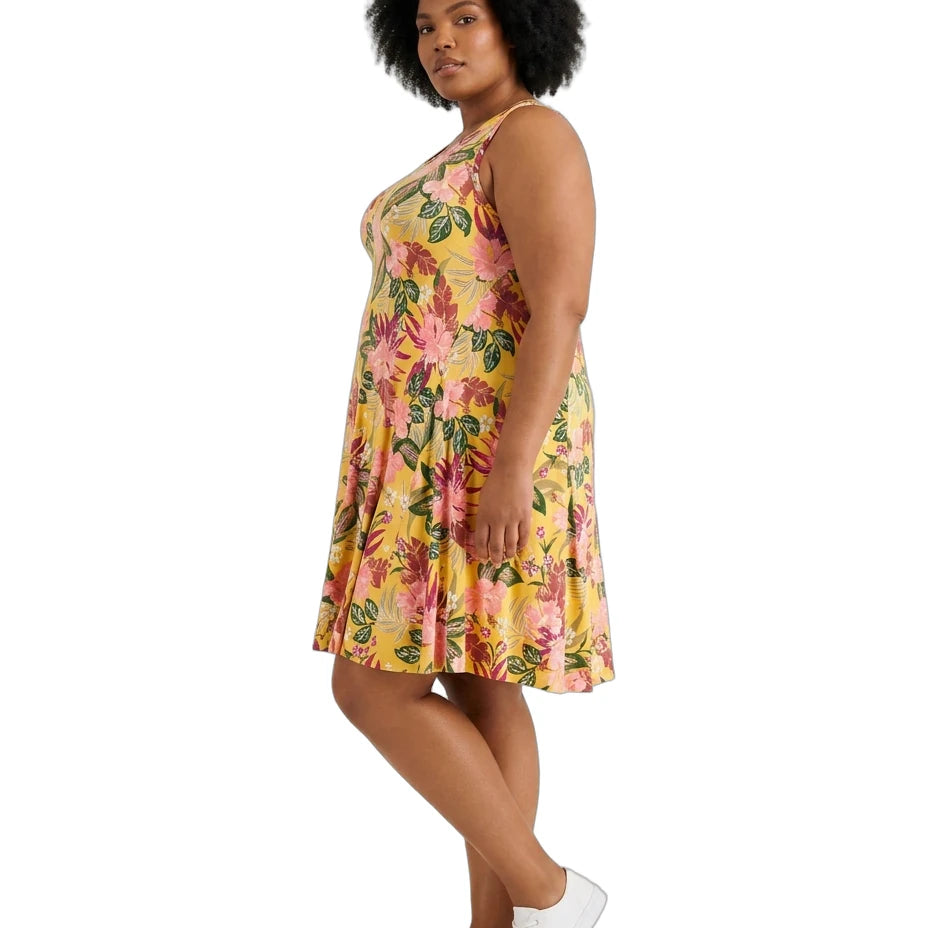 Woman wearing a yellow floral dress on a white background