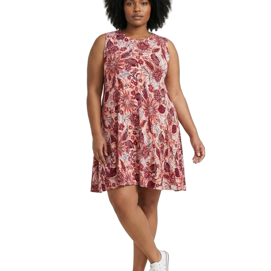 Woman wearing a floral dress on a white background