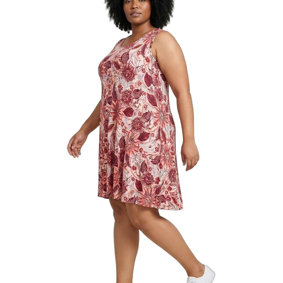 Woman wearing a floral dress on a white background