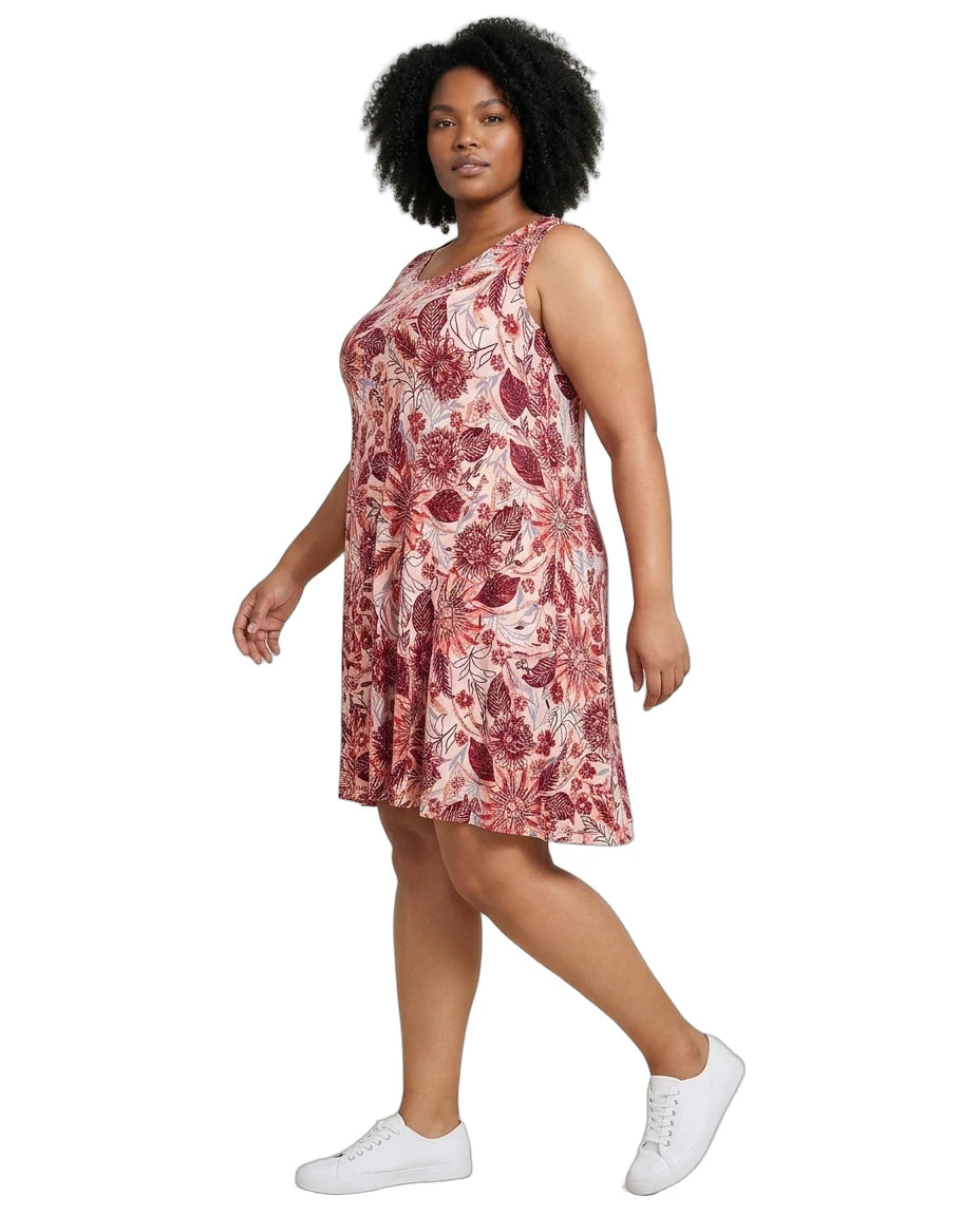 Woman wearing a floral dress on a white background