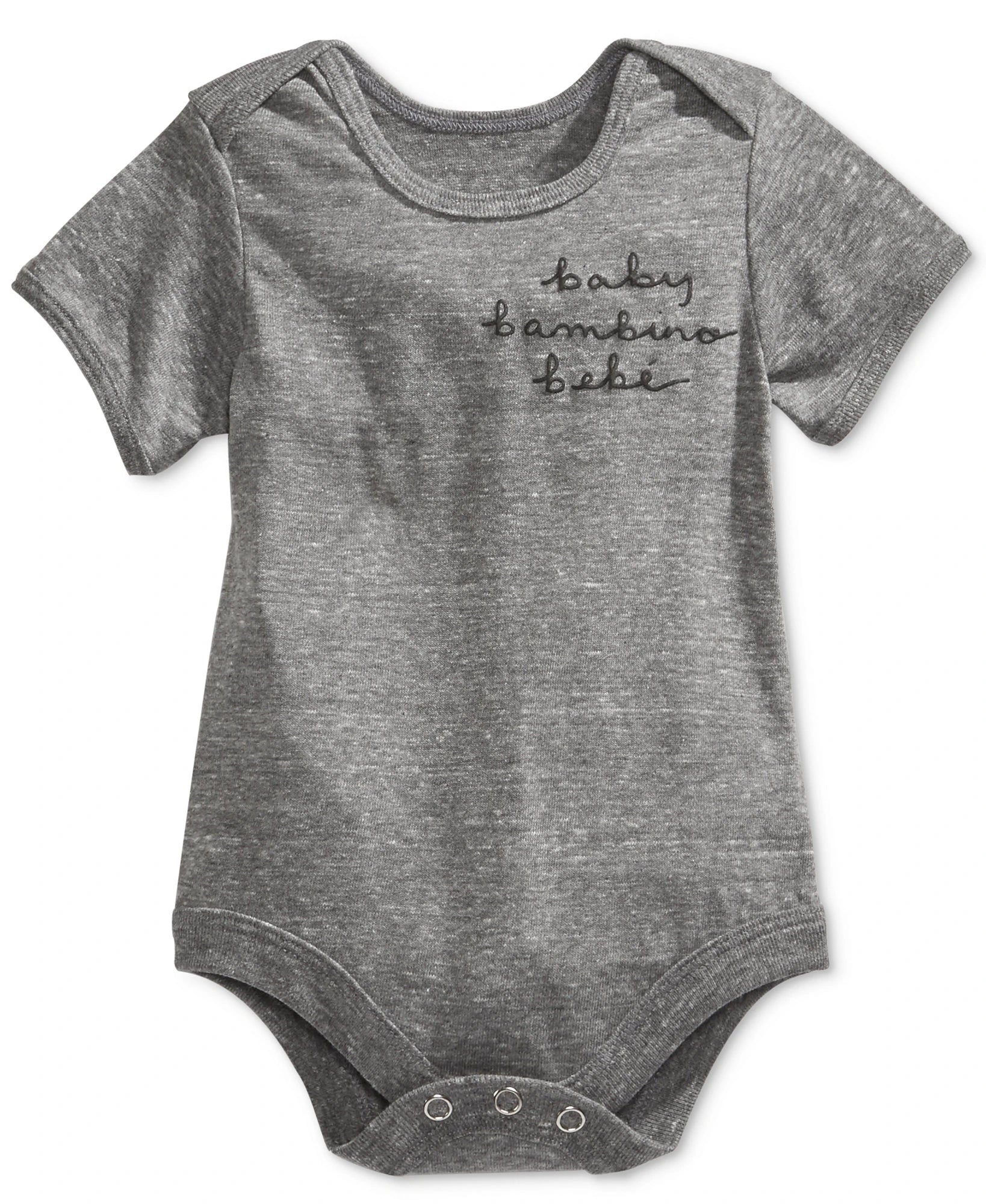 A heather gray short-sleeve baby bodysuit with 'baby bambino bebe' printed in black cursive text on the chest, displayed flat against a white background.