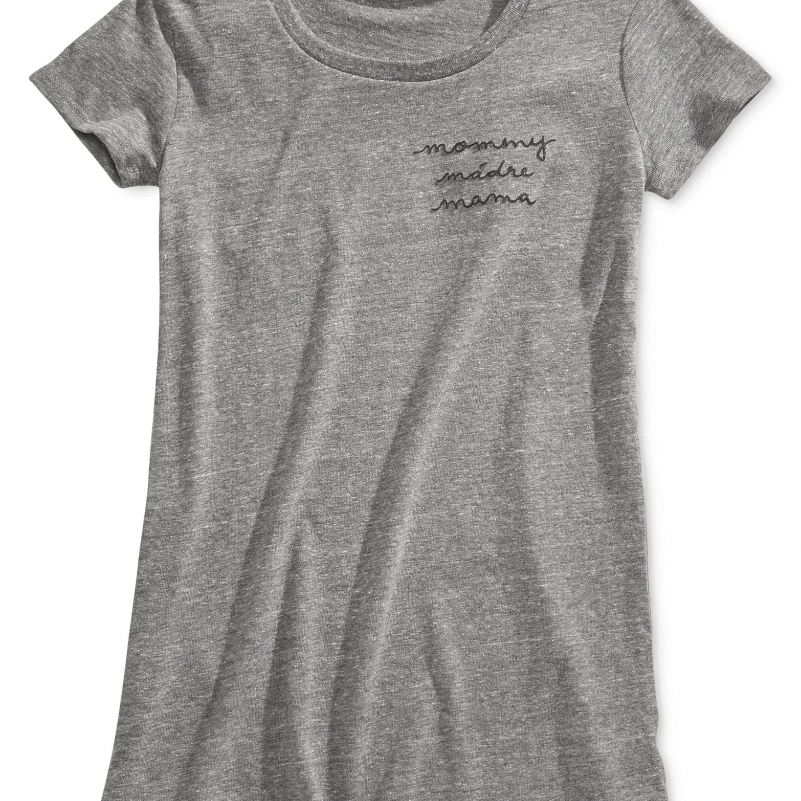 A women's heather gray short-sleeve t-shirt with 'mommy madly mama' printed in black script on the left chest, displayed against a plain white background.