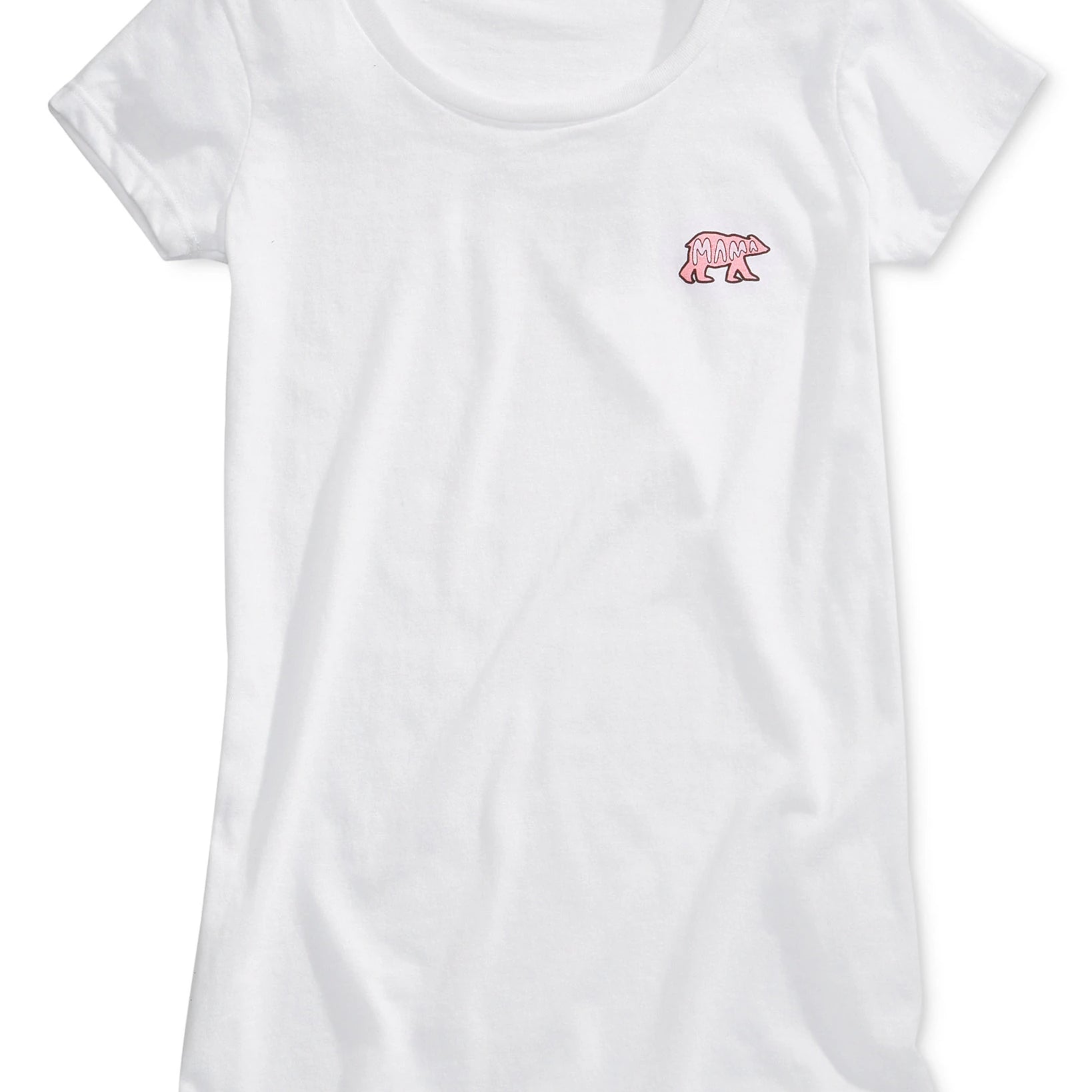 A white short-sleeve crewneck t-shirt featuring a small pink polar bear graphic on the left chest, displayed against a clean white background.