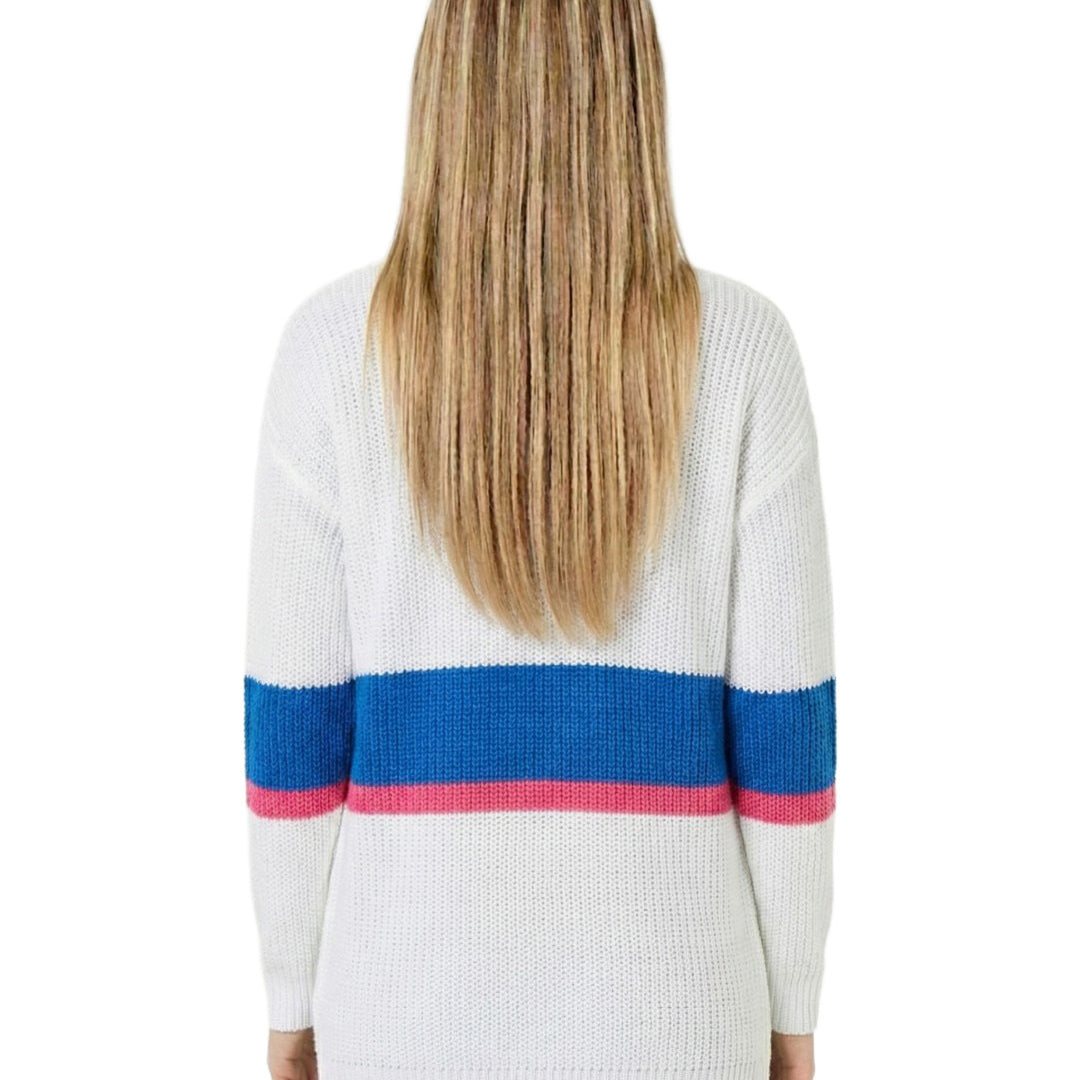 Person wearing a white sweater with blue and pink stripes from behind on a white background
