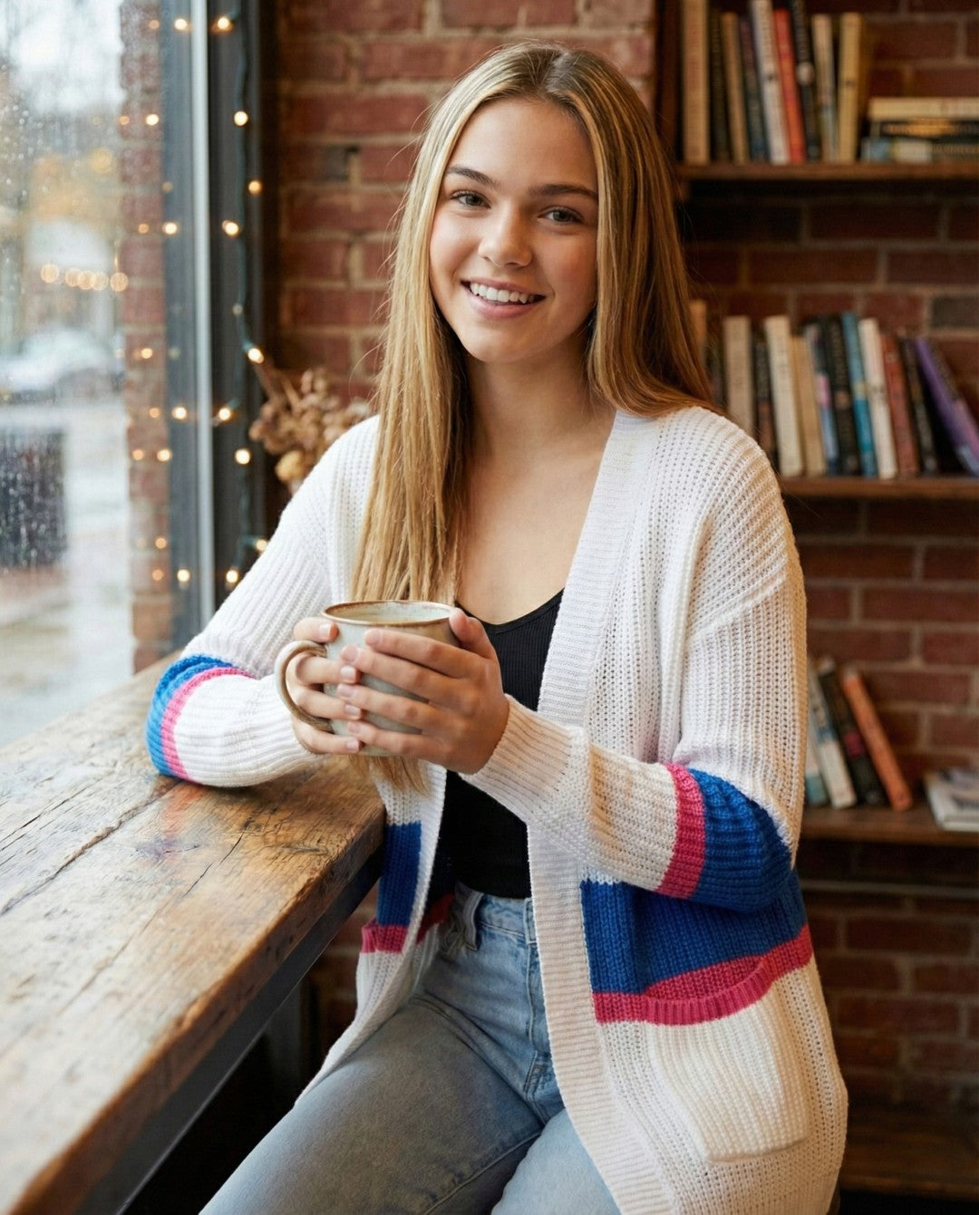 Woman holding a mug in a cozy indoor setting with books and decor.