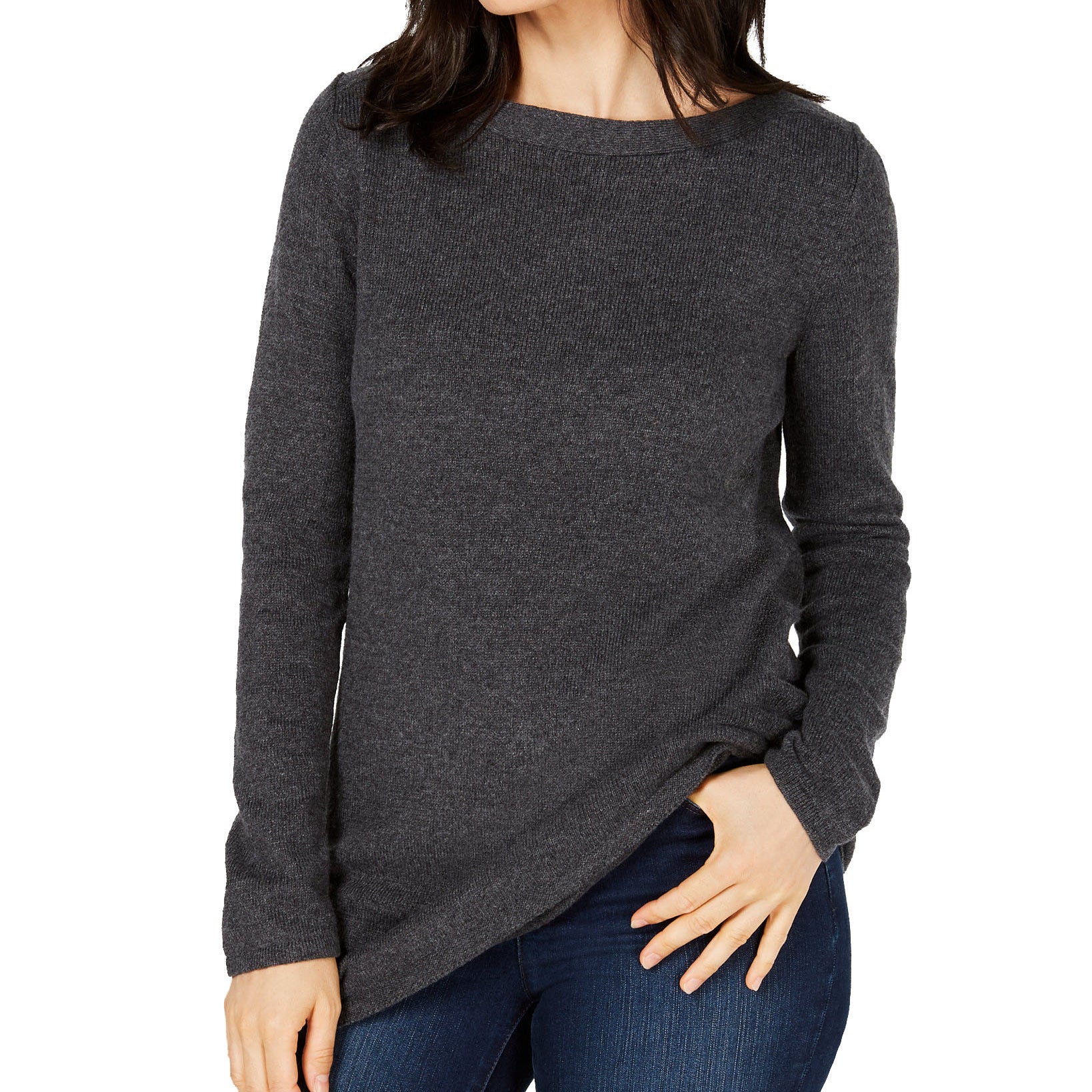 Karen Scott Women Solid Curved Hem Tunic Charcoal Heather