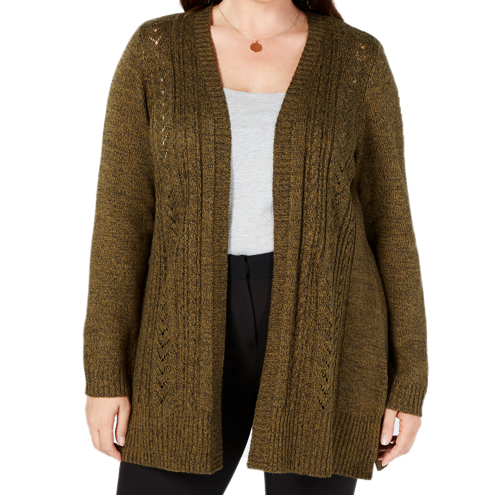 Karen Scott Women Plus Pointelle Open Front Cardigan Dark Olive