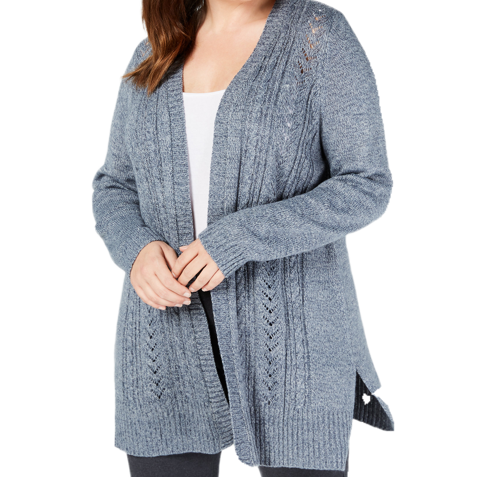 Karen Scott Women Plus Pointelle Open Front Cardigan Blue Mirage