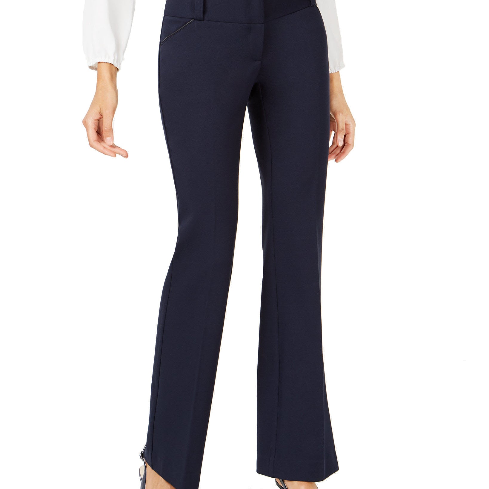 Alfani Women Petite Faux Leather Trim Wide Leg Trousers Modern Navy