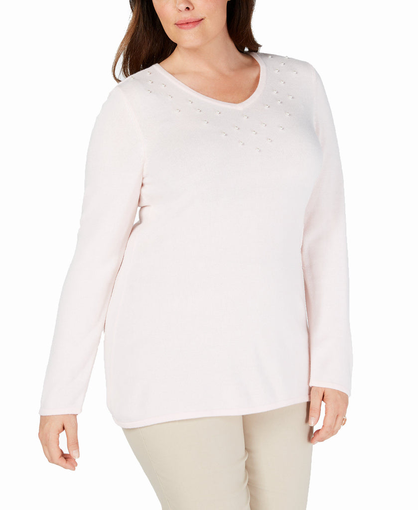 Karen Scott Women Plus Luxesoft Faux Pearl Sweater Blush