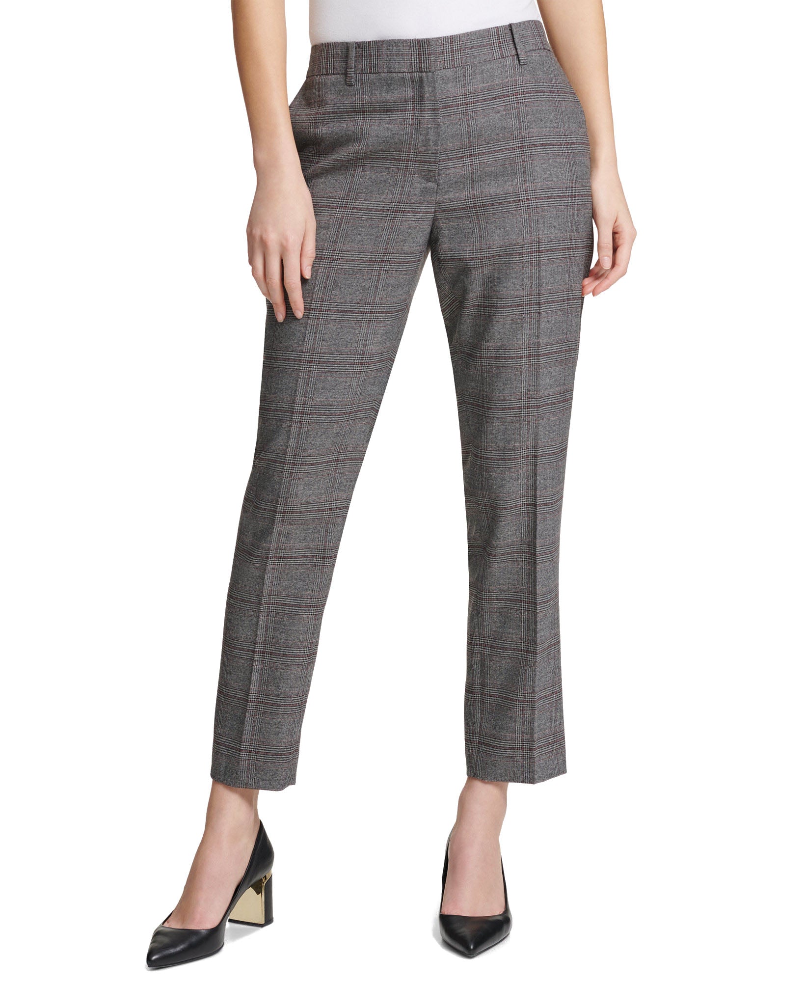 DKNY Women Essex Plaid Ankle Pants Black Red